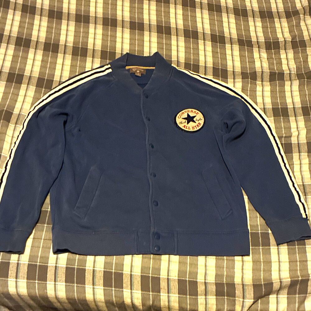 Converse All Star Men's Blue/White Snap Front Varsity Fleece Jacket Pockets L